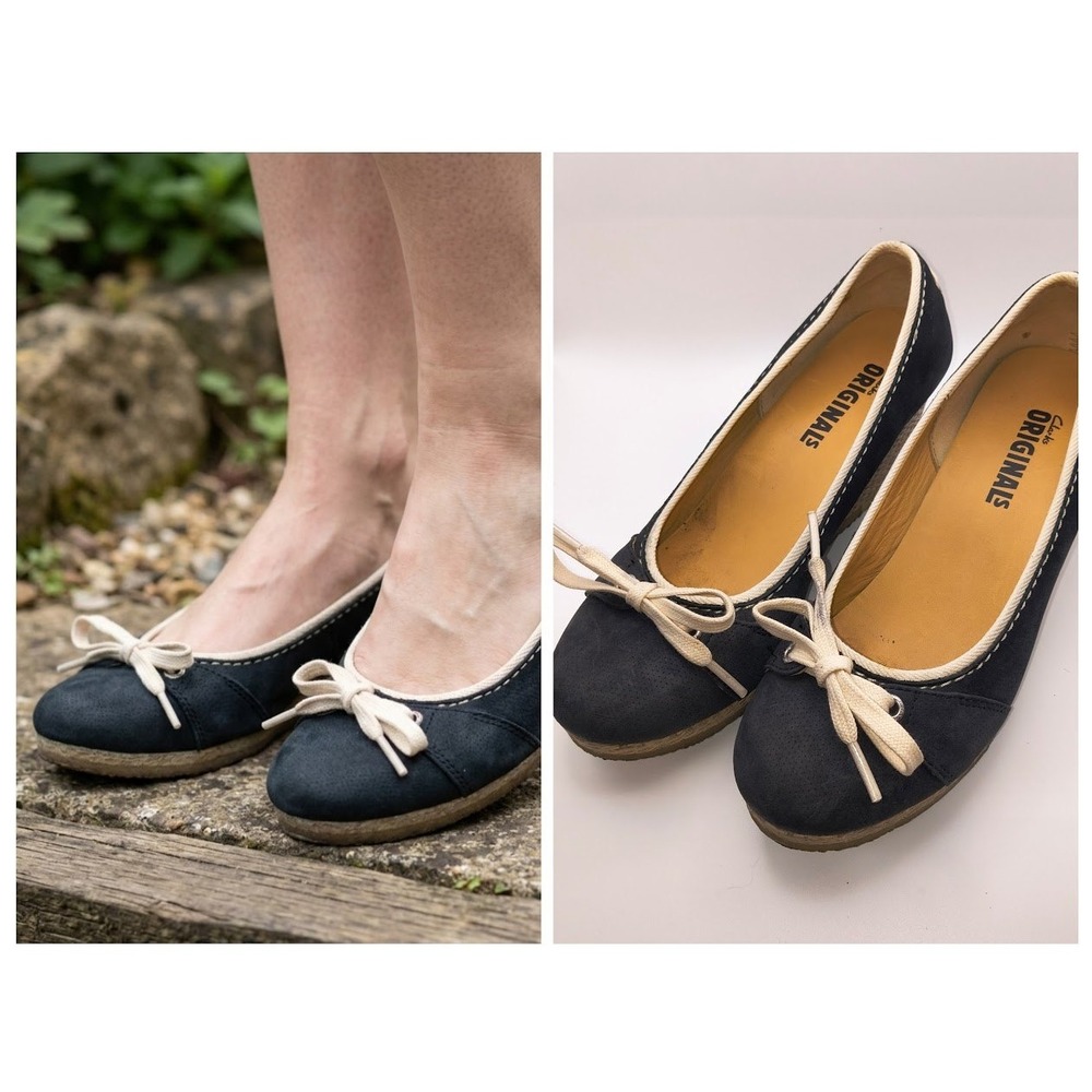 Clarks Originals Wedge Seude Women8.5 Navy Blue Suede Bow Slip On Comfort Shoes